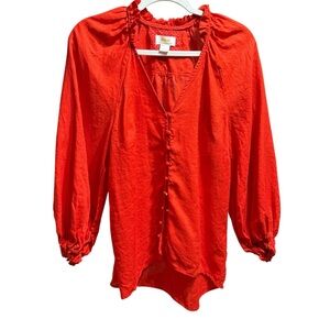 Maeve by Anthropologie The Audie Linen Puff-Sleeve‎ Blouse in Red Sz S